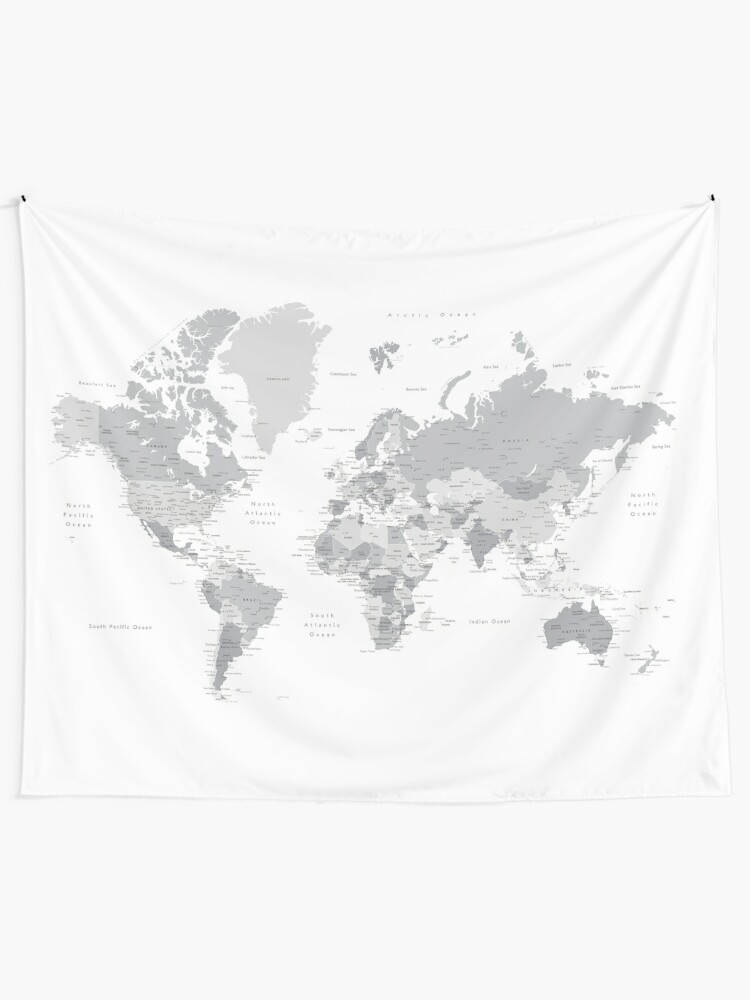 Gray World Map With Cities States Countries Tapestry By Blursbyai Redbubble