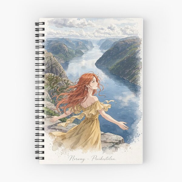 Item preview, Norway Preikestolen Pulpit Rock with a Redhead Traveler in a Yellow Dress, Dramatic Lysefjord and Nordic Adventure Landscape designed and sold by DibujandoPorfa.