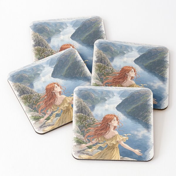 Item preview, Norway Preikestolen Pulpit Rock with a Redhead Traveler in a Yellow Dress, Dramatic Lysefjord and Nordic Adventure Landscape designed and sold by DibujandoPorfa.
