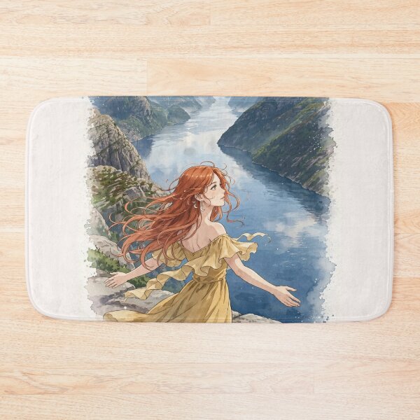 Item preview, Norway Preikestolen Pulpit Rock with a Redhead Traveler in a Yellow Dress, Dramatic Lysefjord and Nordic Adventure Landscape designed and sold by DibujandoPorfa.