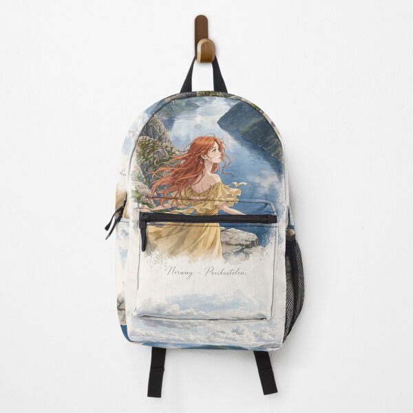 Item preview, Norway Preikestolen Pulpit Rock with a Redhead Traveler in a Yellow Dress, Dramatic Lysefjord and Nordic Adventure Landscape designed and sold by DibujandoPorfa.