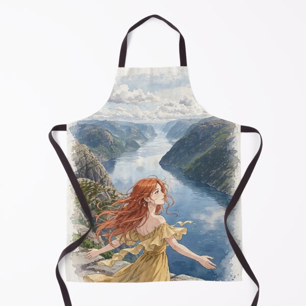 Item preview, Norway Preikestolen Pulpit Rock with a Redhead Traveler in a Yellow Dress, Dramatic Lysefjord and Nordic Adventure Landscape designed and sold by DibujandoPorfa.