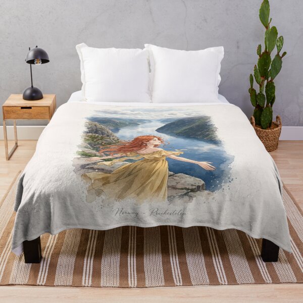 Item preview, Norway Preikestolen Pulpit Rock with a Redhead Traveler in a Yellow Dress, Dramatic Lysefjord and Nordic Adventure Landscape designed and sold by DibujandoPorfa.