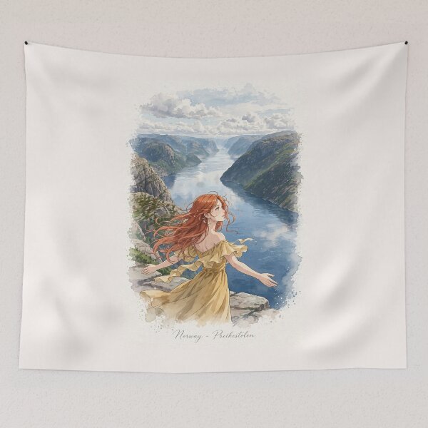 Item preview, Norway Preikestolen Pulpit Rock with a Redhead Traveler in a Yellow Dress, Dramatic Lysefjord and Nordic Adventure Landscape designed and sold by DibujandoPorfa.