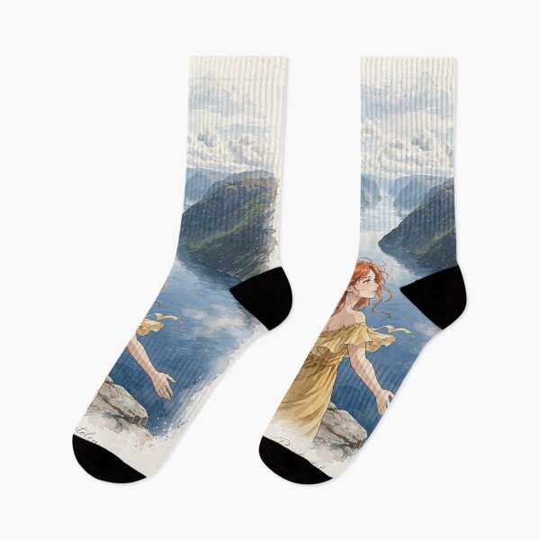 Item preview, Norway Preikestolen Pulpit Rock with a Redhead Traveler in a Yellow Dress, Dramatic Lysefjord and Nordic Adventure Landscape designed and sold by DibujandoPorfa.