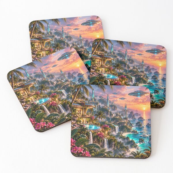 Item preview, Futuristic Tropical Paradise – Cyberpunk Island City & Ocean designed and sold by IRON SIREN.