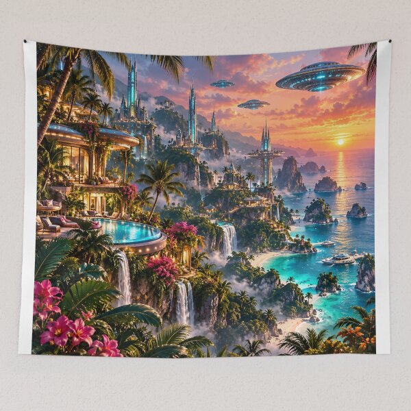 Item preview, Futuristic Tropical Paradise – Cyberpunk Island City & Ocean designed and sold by IRON SIREN.