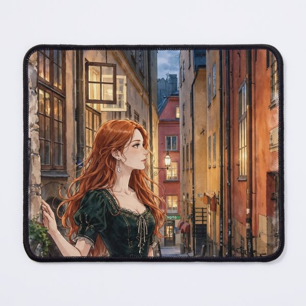 Item preview, Sweden Stockholm Gamla Stan with an Elegant Redhead Traveler in an Emerald Dress, Medieval Streets and Scandinavian Evening designed and sold by DibujandoPorfa.