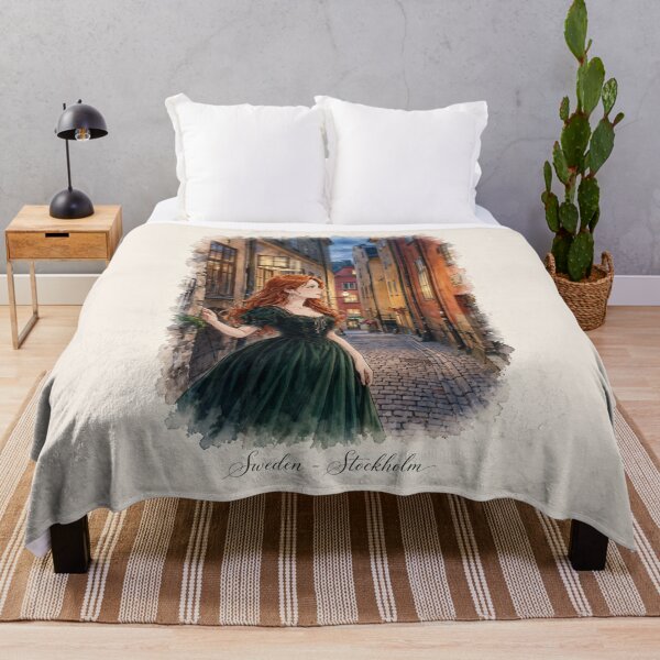 Item preview, Sweden Stockholm Gamla Stan with an Elegant Redhead Traveler in an Emerald Dress, Medieval Streets and Scandinavian Evening designed and sold by DibujandoPorfa.