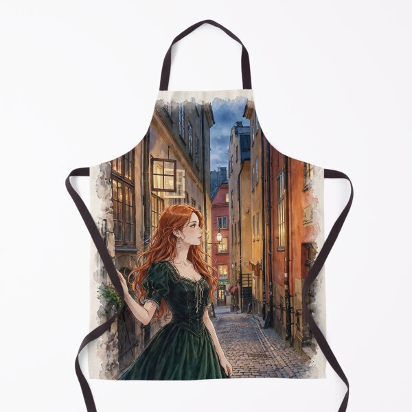 Item preview, Sweden Stockholm Gamla Stan with an Elegant Redhead Traveler in an Emerald Dress, Medieval Streets and Scandinavian Evening designed and sold by DibujandoPorfa.