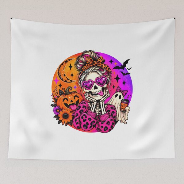 Item preview, Spooky Cute Skeleton Girl Halloween – Pink Leopard Pumpkin & Ghost designed and sold by RaspberryParty.