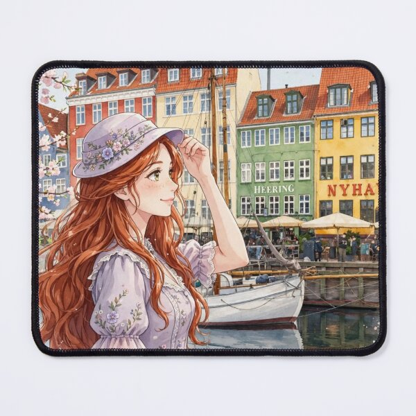 Item preview, Denmark Copenhagen Nyhavn with a Charming Redhead Traveler in a Lavender Dress, Colourful Canal Houses and Scandinavian Spring Travel designed and sold by DibujandoPorfa.