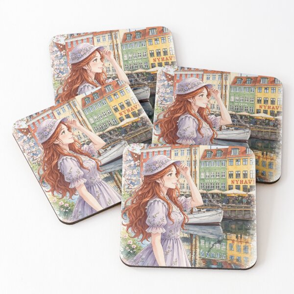 Item preview, Denmark Copenhagen Nyhavn with a Charming Redhead Traveler in a Lavender Dress, Colourful Canal Houses and Scandinavian Spring Travel designed and sold by DibujandoPorfa.
