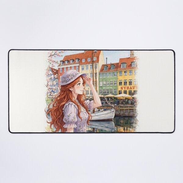 Item preview, Denmark Copenhagen Nyhavn with a Charming Redhead Traveler in a Lavender Dress, Colourful Canal Houses and Scandinavian Spring Travel designed and sold by DibujandoPorfa.