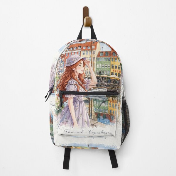 Item preview, Denmark Copenhagen Nyhavn with a Charming Redhead Traveler in a Lavender Dress, Colourful Canal Houses and Scandinavian Spring Travel designed and sold by DibujandoPorfa.