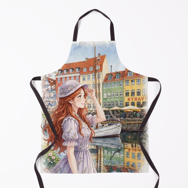 Item preview, Denmark Copenhagen Nyhavn with a Charming Redhead Traveler in a Lavender Dress, Colourful Canal Houses and Scandinavian Spring Travel designed and sold by DibujandoPorfa.