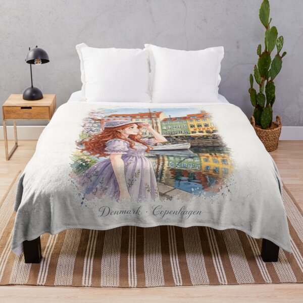 Item preview, Denmark Copenhagen Nyhavn with a Charming Redhead Traveler in a Lavender Dress, Colourful Canal Houses and Scandinavian Spring Travel designed and sold by DibujandoPorfa.