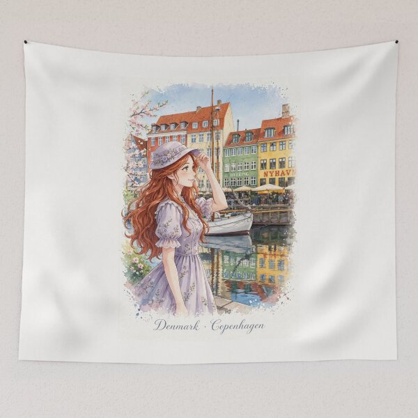 Item preview, Denmark Copenhagen Nyhavn with a Charming Redhead Traveler in a Lavender Dress, Colourful Canal Houses and Scandinavian Spring Travel designed and sold by DibujandoPorfa.
