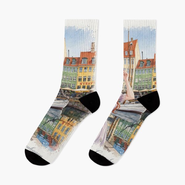 Item preview, Denmark Copenhagen Nyhavn with a Charming Redhead Traveler in a Lavender Dress, Colourful Canal Houses and Scandinavian Spring Travel designed and sold by DibujandoPorfa.