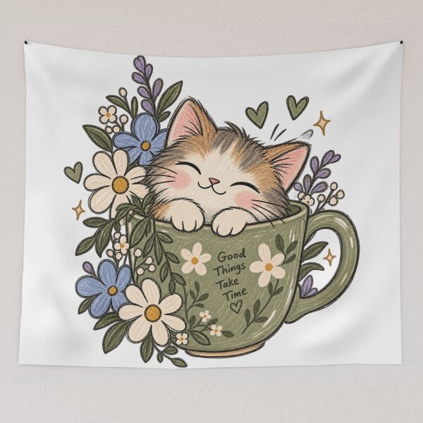 Item preview, Cozy Kitten in Floral Teacup Cute Cottagecore Cat designed and sold by designbyuzi.