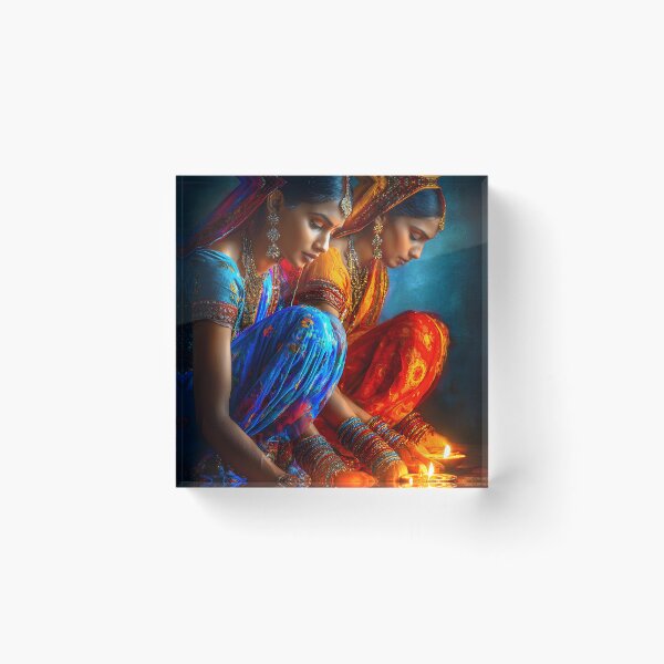 Item preview, Graceful Women with Diyas in Vibrant Traditional Wear designed and sold by Artessie.