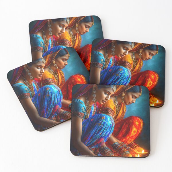 Item preview, Graceful Women with Diyas in Vibrant Traditional Wear designed and sold by Artessie.