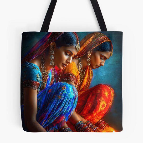 Item preview, Graceful Women with Diyas in Vibrant Traditional Wear designed and sold by Artessie.