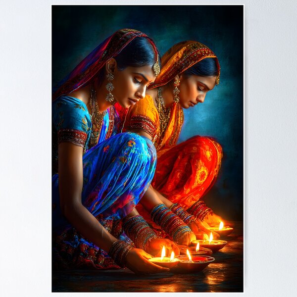 Item preview, Graceful Women with Diyas in Vibrant Traditional Wear designed and sold by Artessie.