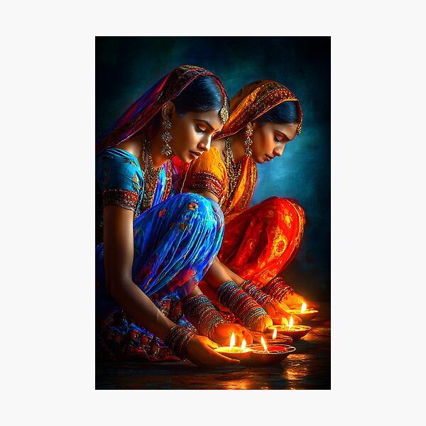 Item preview, Graceful Women with Diyas in Vibrant Traditional Wear designed and sold by Artessie.