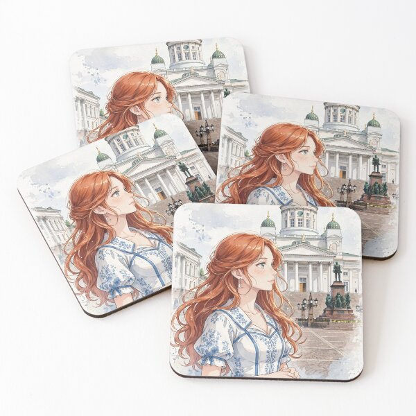 Item preview, Finland Helsinki Cathedral with an Elegant Redhead Traveler in a White and Blue Dress, Nordic Architecture and Scandinavian Cityscape designed and sold by DibujandoPorfa.