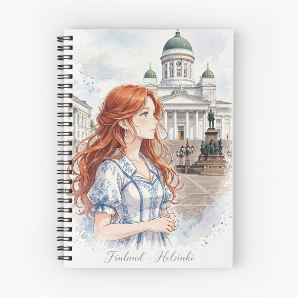 Item preview, Finland Helsinki Cathedral with an Elegant Redhead Traveler in a White and Blue Dress, Nordic Architecture and Scandinavian Cityscape designed and sold by DibujandoPorfa.