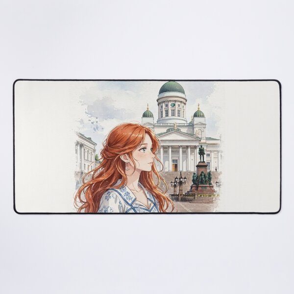 Item preview, Finland Helsinki Cathedral with an Elegant Redhead Traveler in a White and Blue Dress, Nordic Architecture and Scandinavian Cityscape designed and sold by DibujandoPorfa.