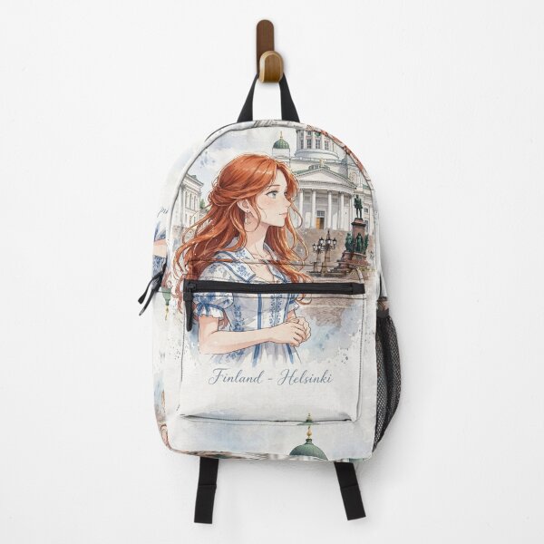 Item preview, Finland Helsinki Cathedral with an Elegant Redhead Traveler in a White and Blue Dress, Nordic Architecture and Scandinavian Cityscape designed and sold by DibujandoPorfa.