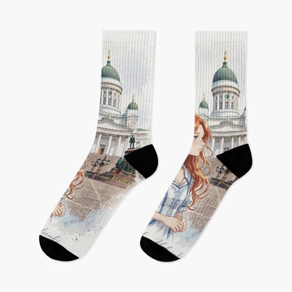Item preview, Finland Helsinki Cathedral with an Elegant Redhead Traveler in a White and Blue Dress, Nordic Architecture and Scandinavian Cityscape designed and sold by DibujandoPorfa.