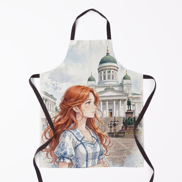 Item preview, Finland Helsinki Cathedral with an Elegant Redhead Traveler in a White and Blue Dress, Nordic Architecture and Scandinavian Cityscape designed and sold by DibujandoPorfa.
