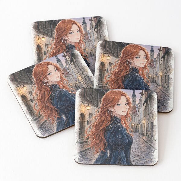 Item preview, Estonia Tallinn Old Town with a Redhead Traveler in an Elegant Blue Velvet Dress, Medieval European Streets and Romantic Evening designed and sold by DibujandoPorfa.