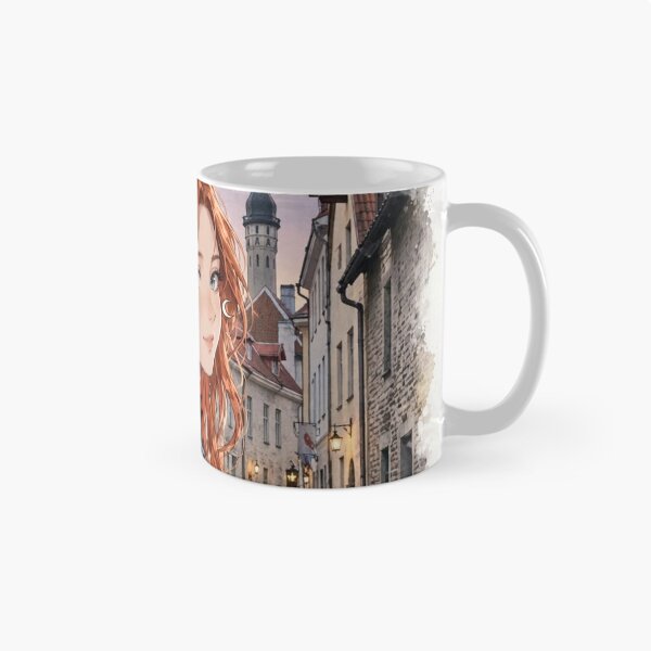 Item preview, Estonia Tallinn Old Town with a Redhead Traveler in an Elegant Blue Velvet Dress, Medieval European Streets and Romantic Evening designed and sold by DibujandoPorfa.