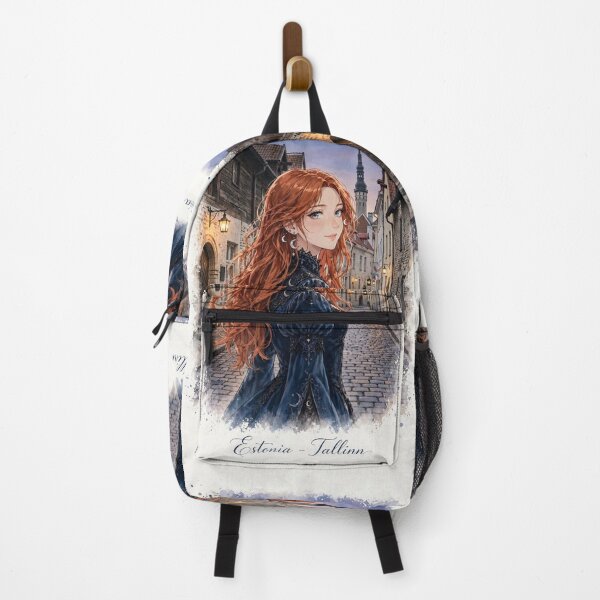Item preview, Estonia Tallinn Old Town with a Redhead Traveler in an Elegant Blue Velvet Dress, Medieval European Streets and Romantic Evening designed and sold by DibujandoPorfa.