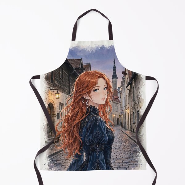 Item preview, Estonia Tallinn Old Town with a Redhead Traveler in an Elegant Blue Velvet Dress, Medieval European Streets and Romantic Evening designed and sold by DibujandoPorfa.