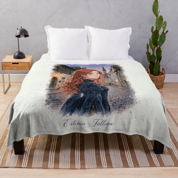Item preview, Estonia Tallinn Old Town with a Redhead Traveler in an Elegant Blue Velvet Dress, Medieval European Streets and Romantic Evening designed and sold by DibujandoPorfa.