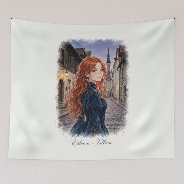 Item preview, Estonia Tallinn Old Town with a Redhead Traveler in an Elegant Blue Velvet Dress, Medieval European Streets and Romantic Evening designed and sold by DibujandoPorfa.