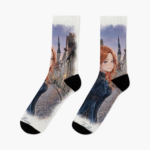 Item preview, Estonia Tallinn Old Town with a Redhead Traveler in an Elegant Blue Velvet Dress, Medieval European Streets and Romantic Evening designed and sold by DibujandoPorfa.