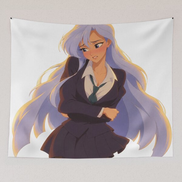 Item preview, Shy Blushing Schoolgirl Blue Hair - Retro 90s Cartoon Style designed and sold by  Hollow Moon Studios..