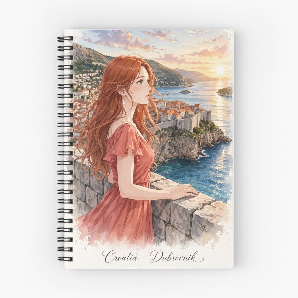 Item preview, Croatia Dubrovnik Old Town with a Redhead Traveler in a Flowing Coral Dress, Adriatic Sea and Historic Mediterranean City designed and sold by DibujandoPorfa.