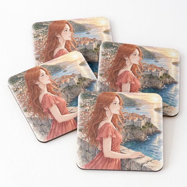 Item preview, Croatia Dubrovnik Old Town with a Redhead Traveler in a Flowing Coral Dress, Adriatic Sea and Historic Mediterranean City designed and sold by DibujandoPorfa.