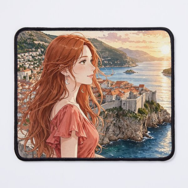 Item preview, Croatia Dubrovnik Old Town with a Redhead Traveler in a Flowing Coral Dress, Adriatic Sea and Historic Mediterranean City designed and sold by DibujandoPorfa.