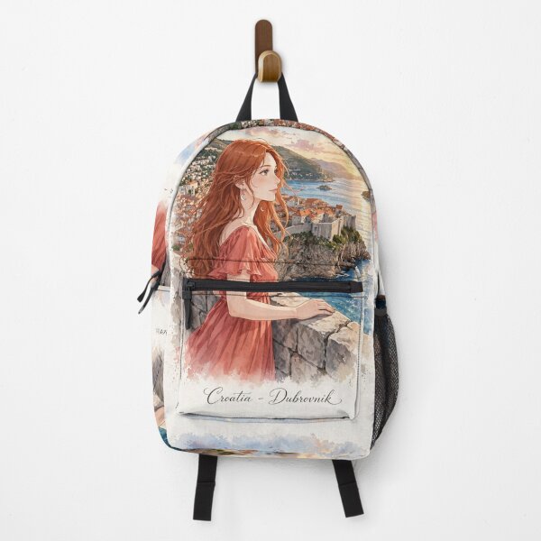 Item preview, Croatia Dubrovnik Old Town with a Redhead Traveler in a Flowing Coral Dress, Adriatic Sea and Historic Mediterranean City designed and sold by DibujandoPorfa.