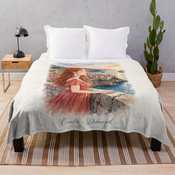 Item preview, Croatia Dubrovnik Old Town with a Redhead Traveler in a Flowing Coral Dress, Adriatic Sea and Historic Mediterranean City designed and sold by DibujandoPorfa.