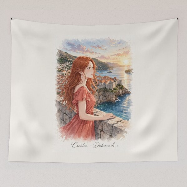 Item preview, Croatia Dubrovnik Old Town with a Redhead Traveler in a Flowing Coral Dress, Adriatic Sea and Historic Mediterranean City designed and sold by DibujandoPorfa.