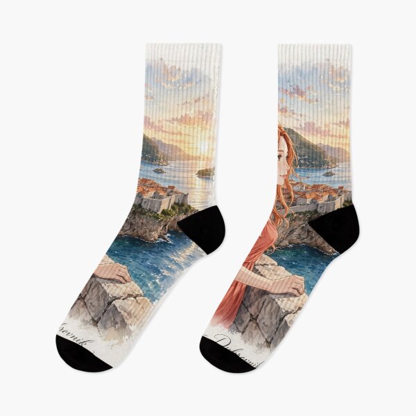 Item preview, Croatia Dubrovnik Old Town with a Redhead Traveler in a Flowing Coral Dress, Adriatic Sea and Historic Mediterranean City designed and sold by DibujandoPorfa.